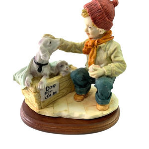 "Dog For Sale" Figurine with Wood Base Puppies Boy Home Decor